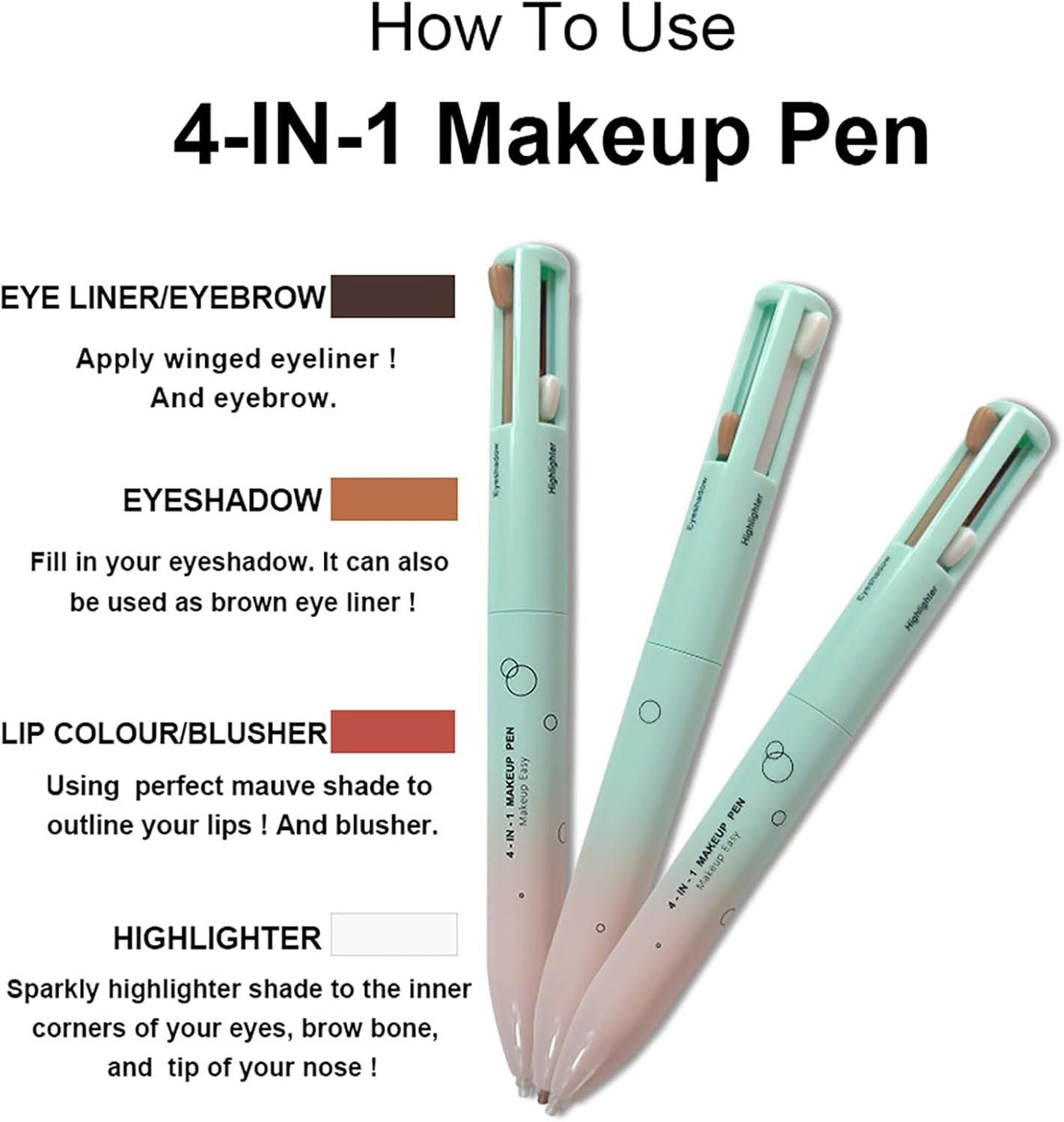 Stylo Maquillage 4 En 1,  4 in 1 Makeup Pen Eyeliner, Crayon À Sourcils, Crayon À Lèvres Et Fluorescent, Multifonctionnel, Lisse, Hautement Pigmenté, Maquillage Des Yeux, 1 PCS