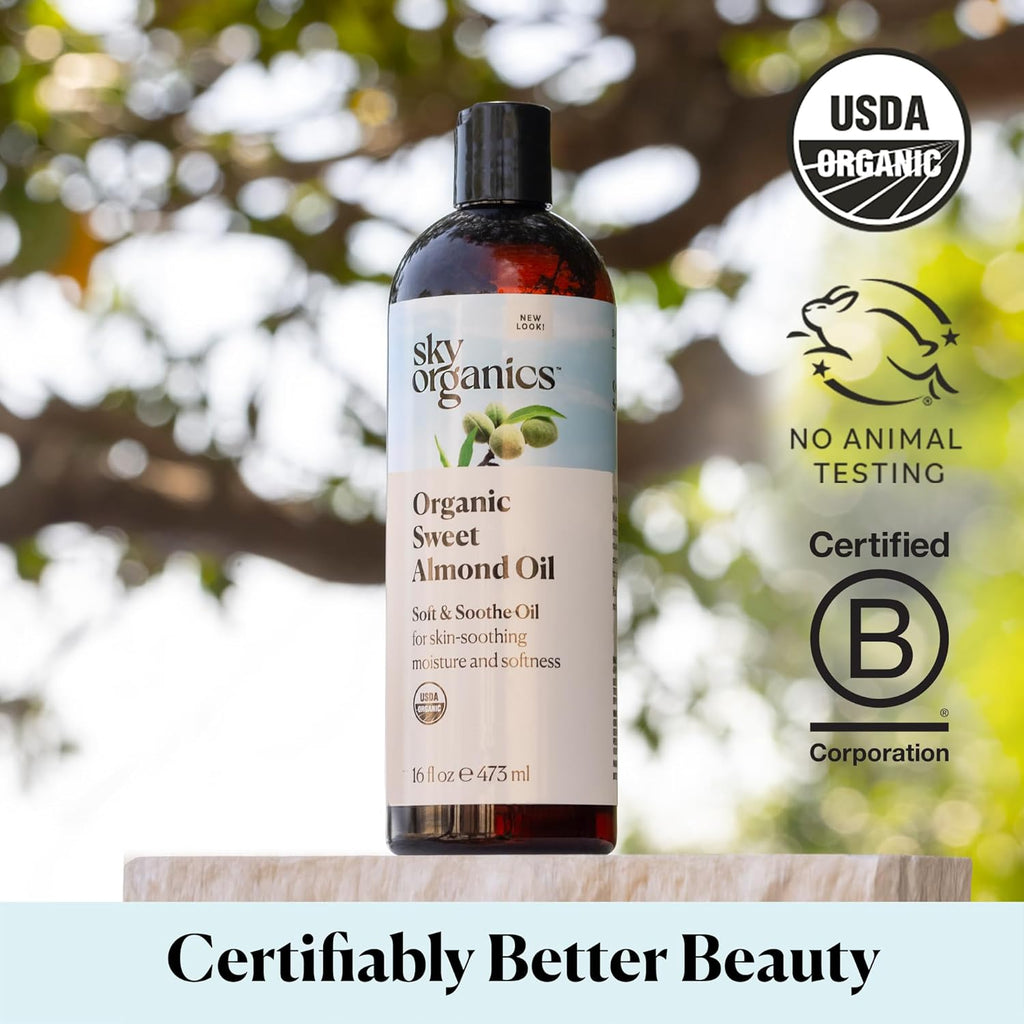 Huile Amande Douce Bio Pour Le Corps, Huile Amande Douce Bio 100% Pure Et Pressée À Froid, Huile Corps Certifiée Biologique Par L'Usda Pour Hydrater, Adoucir Et Nourrir, 473 Ml