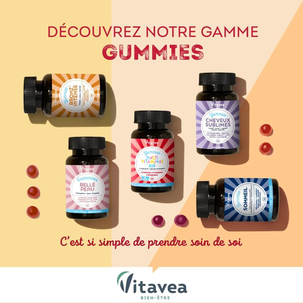 Vitavea - Gummies Solaire Bronz'Intense - Complément Alimentaire Bronzage - Prépare, Active, Prolonge - Teint Hâlé, Effet Bonne Mine - Onagre, Cuivre, Rose D'Inde, Vitamines C & E - 40 Gummies - Vegan
