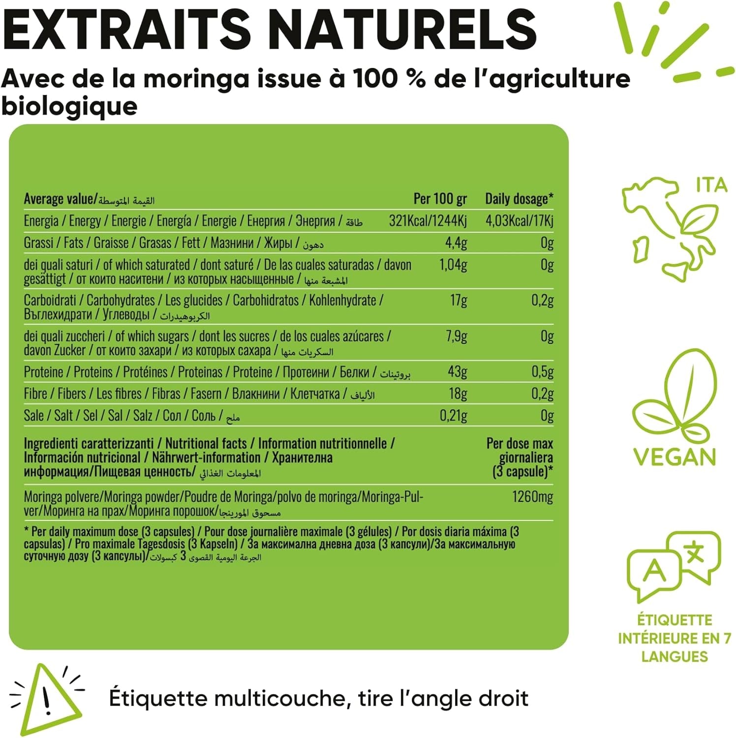 Moringa Bio | La Seule Moringa Biologique Produite En Italie | Véganes Sans Additifs | Super Antioxydant Riche En Vitamines Et Protéines Végétales | Haute Qualité  | 90 Gélules