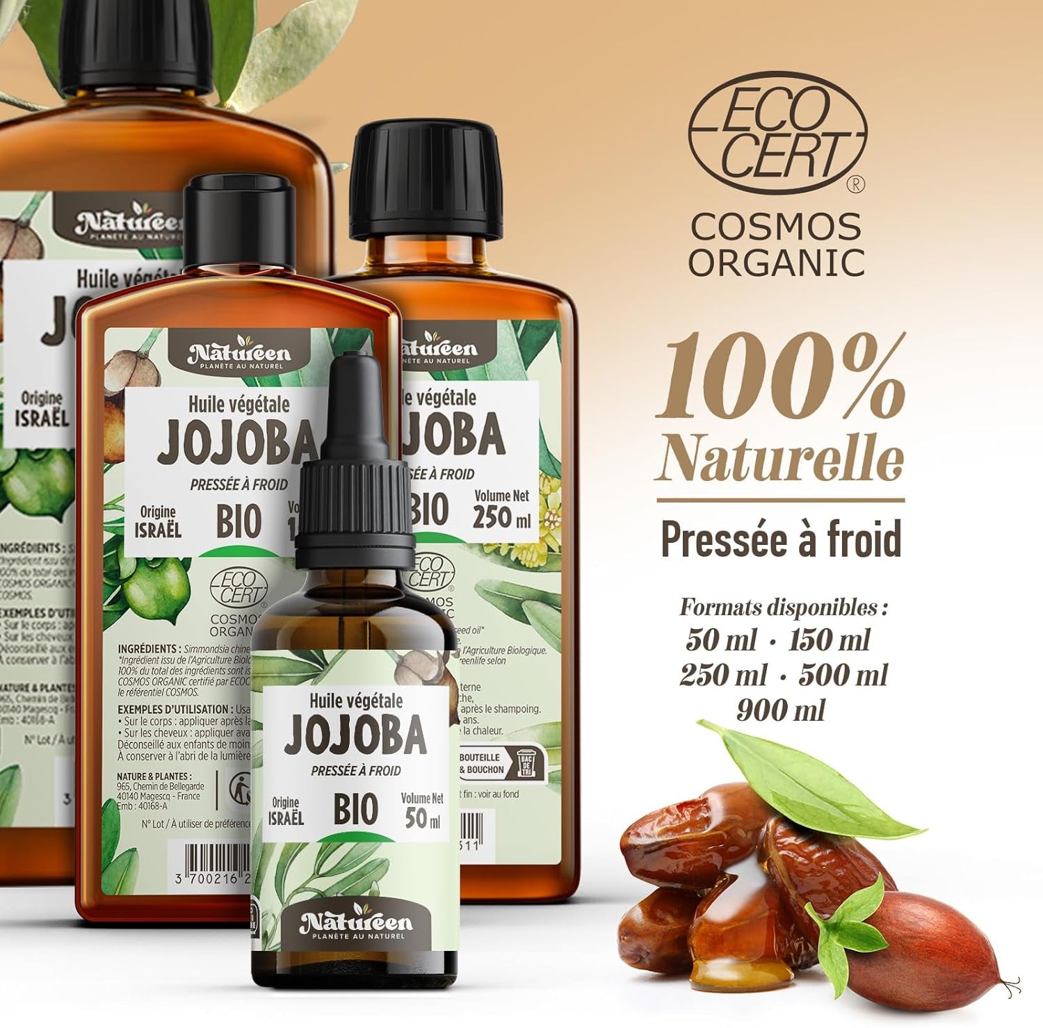 Huile De JOJOBA Bio 150 Ml - Cosmos Organic -  - Pure, Naturelle Et Pressée À Froid - Cheveux, Corps, Peau