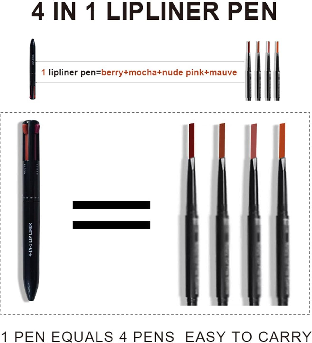 Crayon À Lèvres Imperméable, 4 in 1 Makeup Pen, Crayon Maquillage 4 En 1, Lip Liner Makeup Pen Crayon À Lèvres Pressé Pour Une Ligne Lèvres Claire, Pour Créer Un Maquillage Long-Lasting