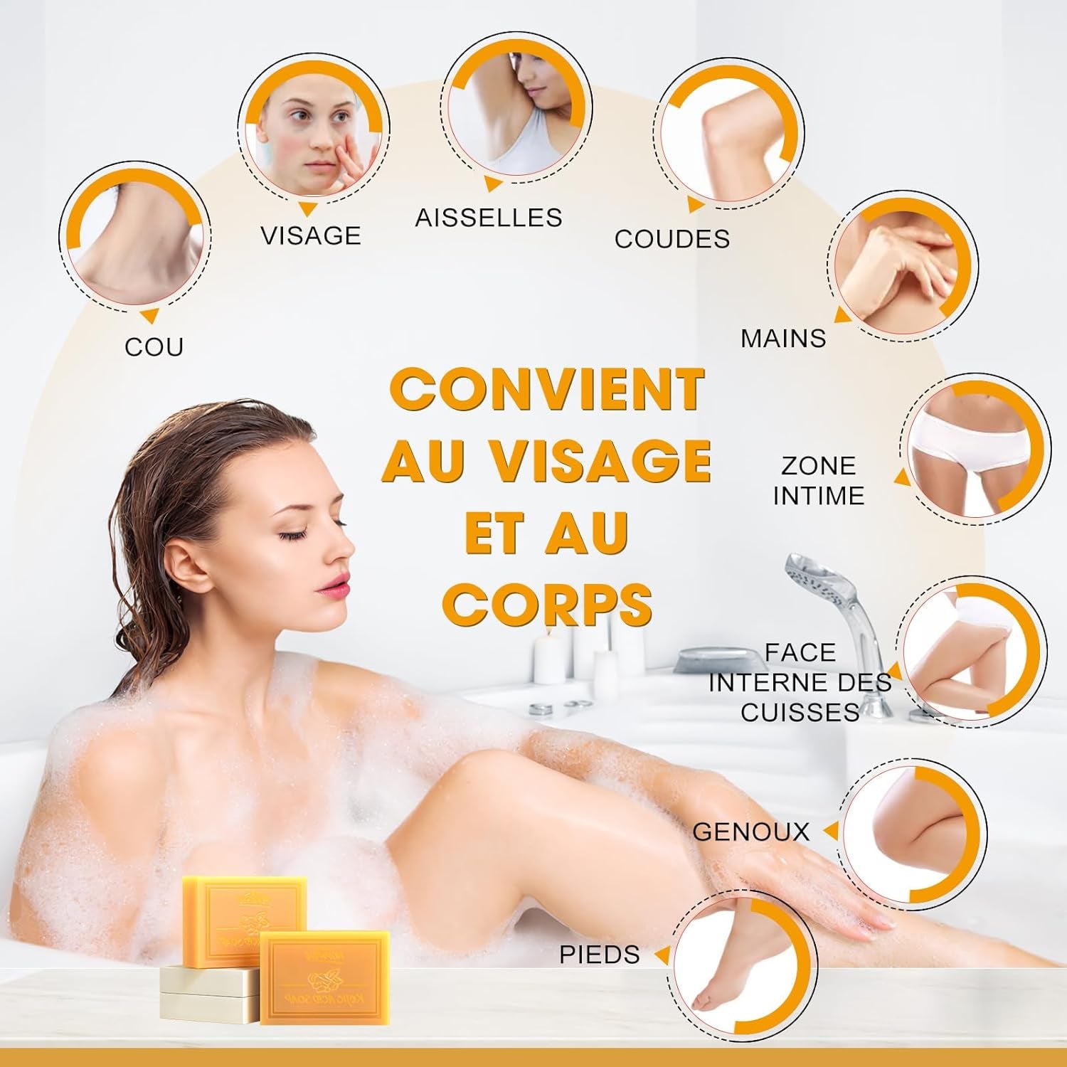 Savon À L'Acide Kojique, Savon Au Curcuma, VC Savonnette Pour Eliminer Points Noirs, Acné Et Taches Foncées, Doux Pour L'Hydratation Du Visage Et Corps, Rétrécissement Des Pores, 3X80G