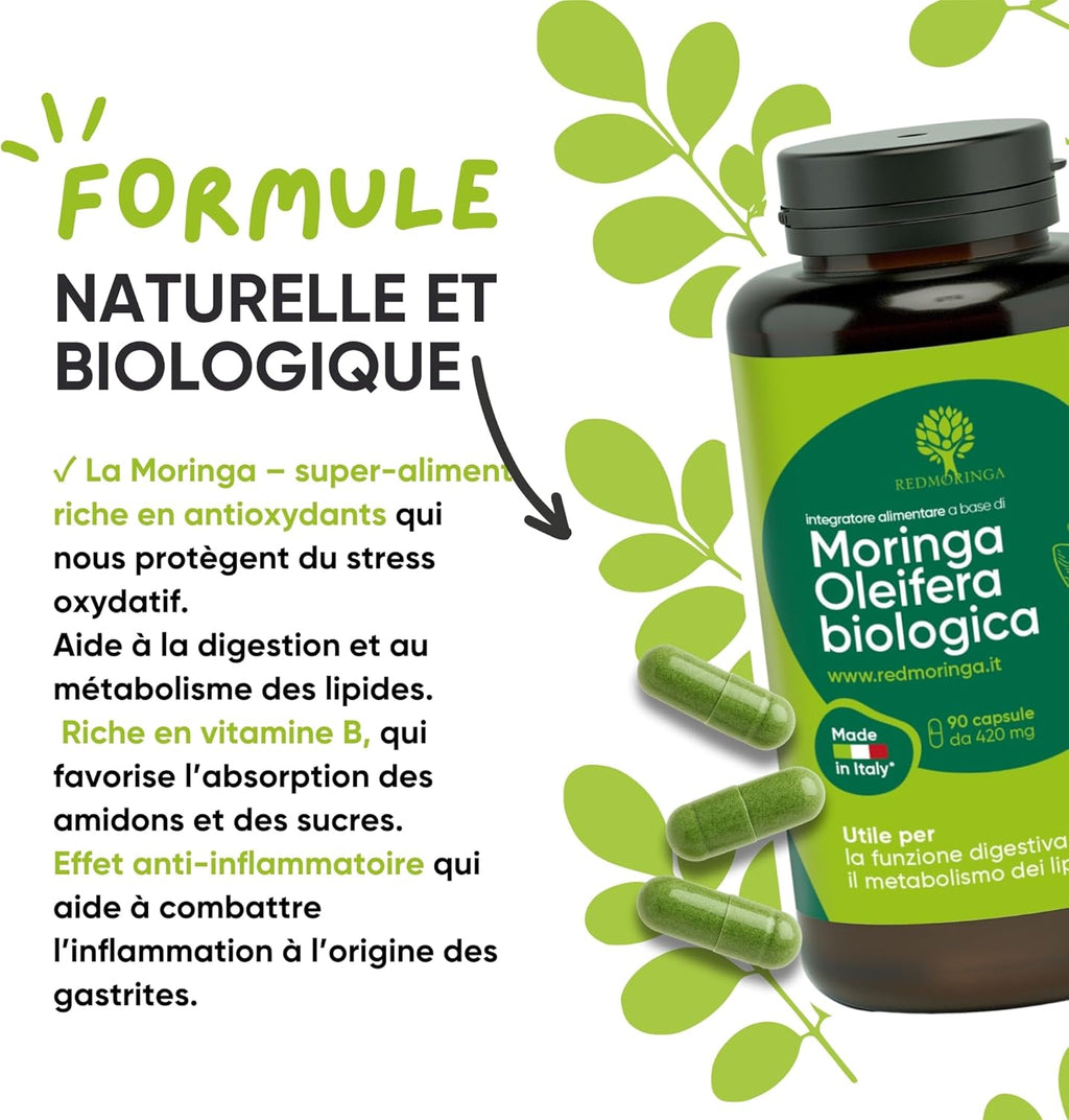 Moringa Bio | La Seule Moringa Biologique Produite En Italie | Véganes Sans Additifs | Super Antioxydant Riche En Vitamines Et Protéines Végétales | Haute Qualité  | 90 Gélules