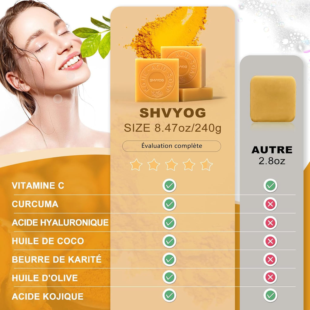Savon À L'Acide Kojique, Savon Au Curcuma, VC Savonnette Pour Eliminer Points Noirs, Acné Et Taches Foncées, Doux Pour L'Hydratation Du Visage Et Corps, Rétrécissement Des Pores, 3X80G