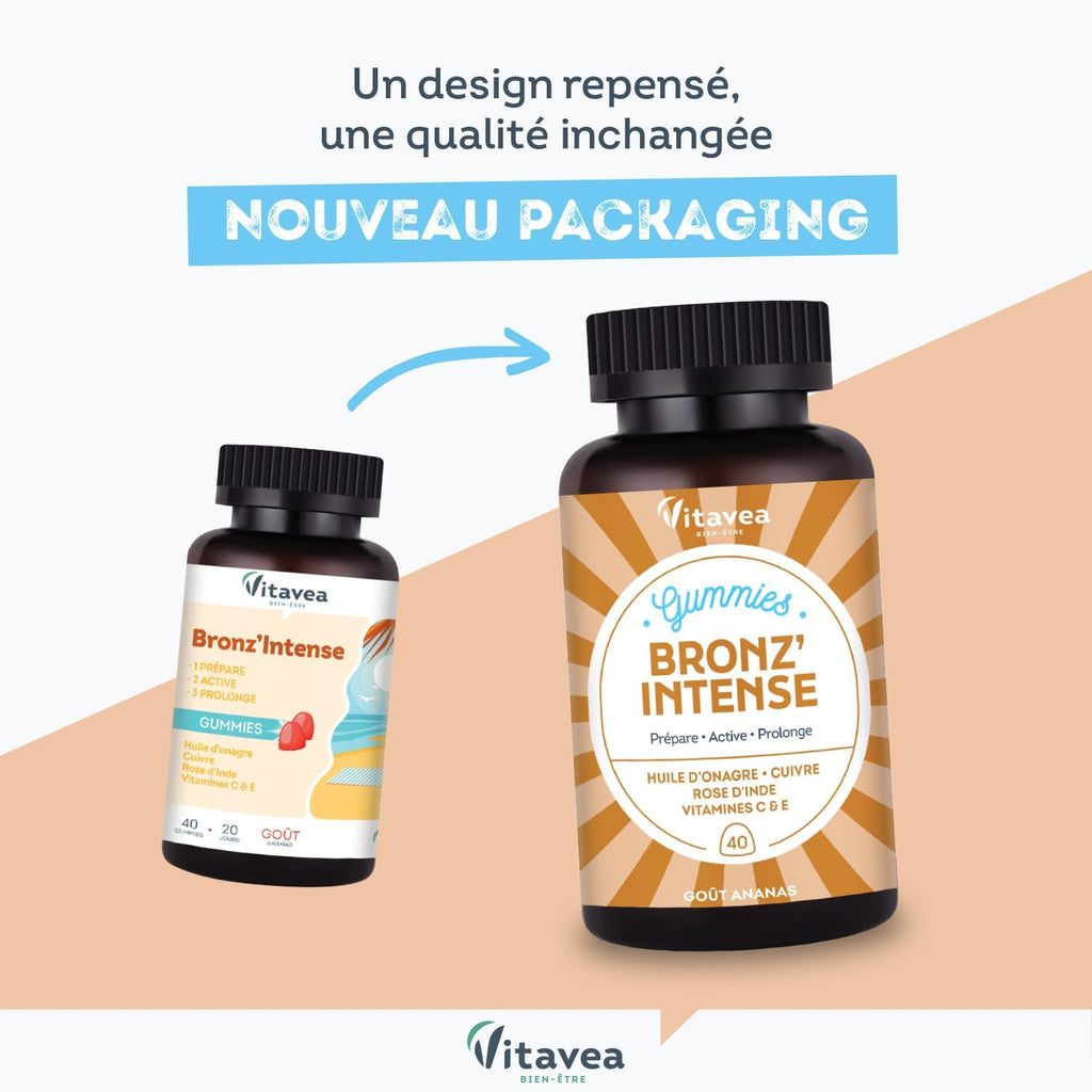 Vitavea - Gummies Solaire Bronz'Intense - Complément Alimentaire Bronzage - Prépare, Active, Prolonge - Teint Hâlé, Effet Bonne Mine - Onagre, Cuivre, Rose D'Inde, Vitamines C & E - 40 Gummies - Vegan