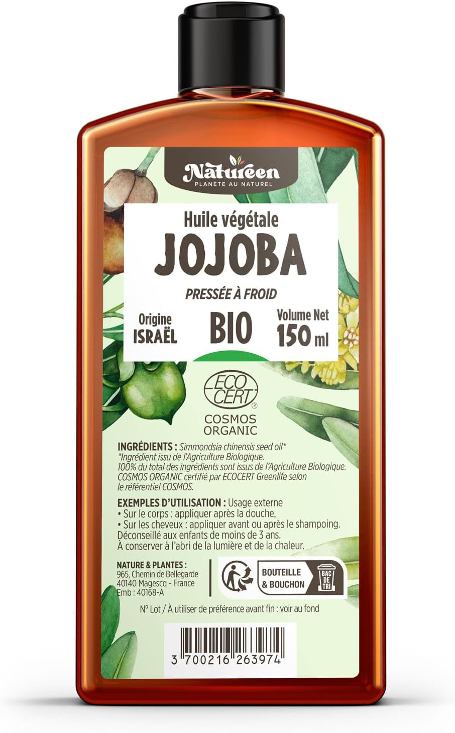 Huile De JOJOBA Bio 150 Ml - Cosmos Organic -  - Pure, Naturelle Et Pressée À Froid - Cheveux, Corps, Peau