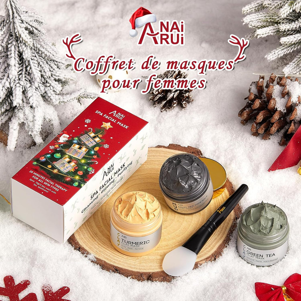 Coffret Noel Femme Masque Visage Argile, Masque Visage Au Curcuma + Masque D'Argile Détox Au Thé Vert + Masque De Boue Aux Minéraux De La Mer Morte, 210G