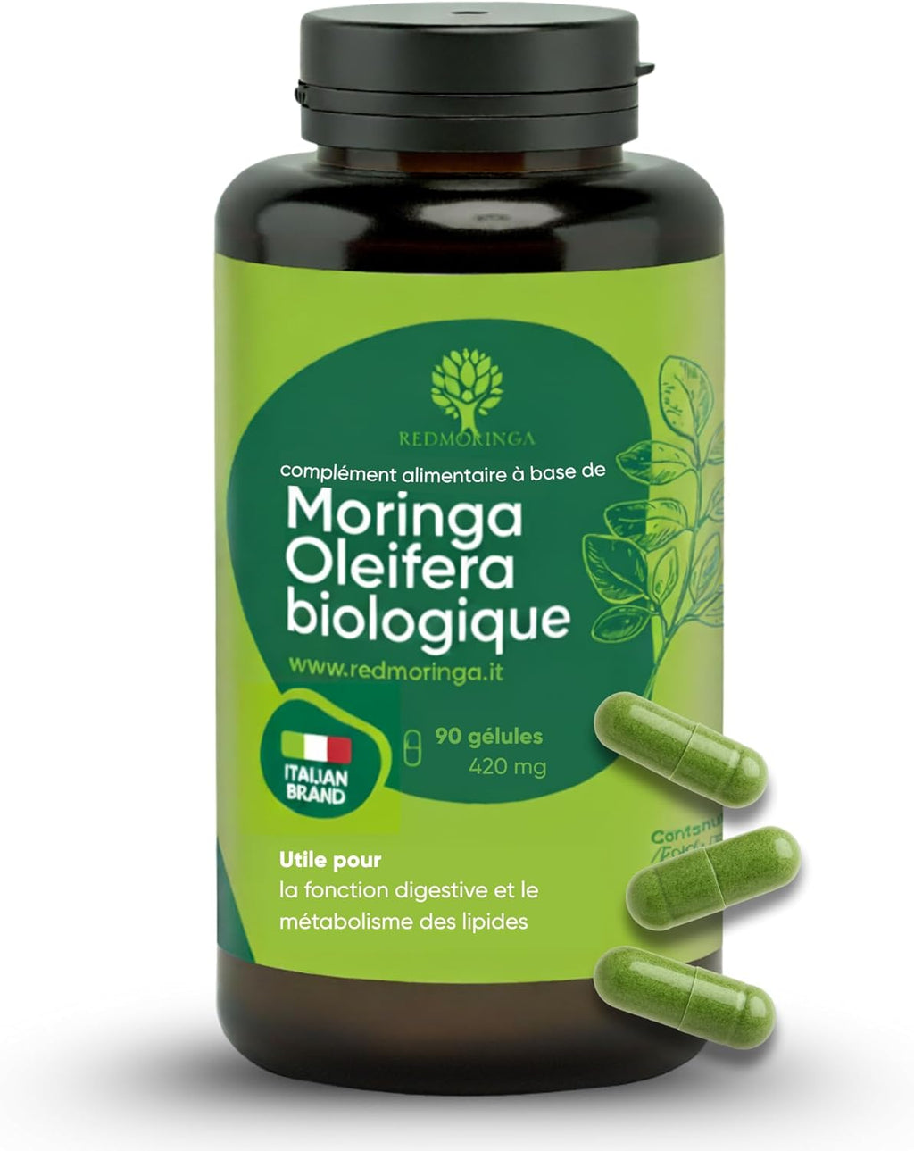 Moringa Bio | La Seule Moringa Biologique Produite En Italie | Véganes Sans Additifs | Super Antioxydant Riche En Vitamines Et Protéines Végétales | Haute Qualité  | 90 Gélules